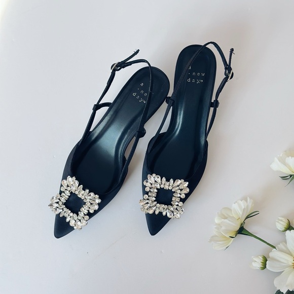 Target A New Day Elegant Black Slingback Heels Embellished Buckle - Picture 2 of 7
